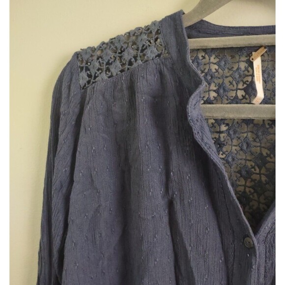 Free People Blue Shirt Womens XS Oversized Button Up Gauze Rayon Cotton Top - Picture 5 of 5